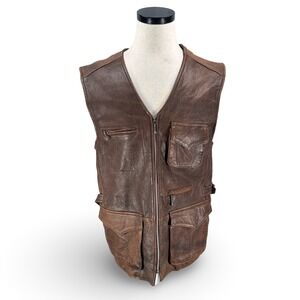 Cedars Brown Leather Utility Tactical Biker Vest Mens Medium Womens Large Zip